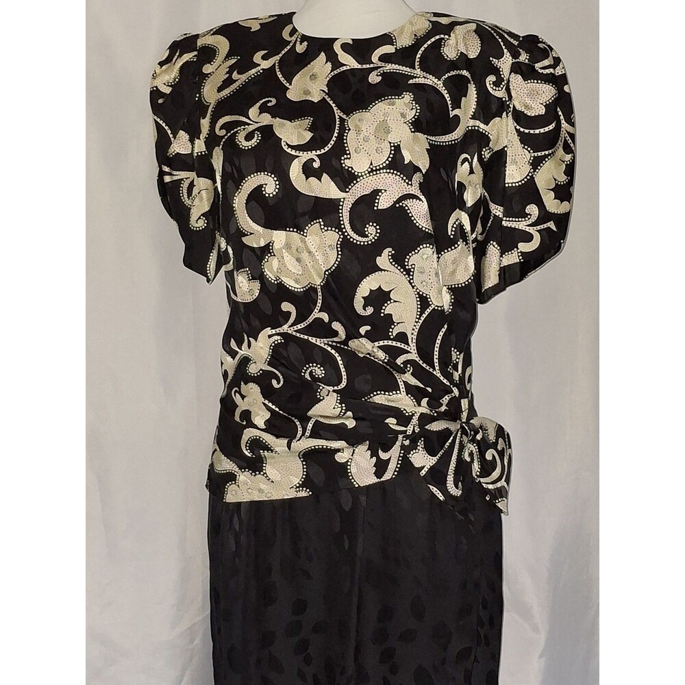 Vintage 80's Silk Dress Tulip hem & Sleeves Big hip bow padded shoulders Sz 12